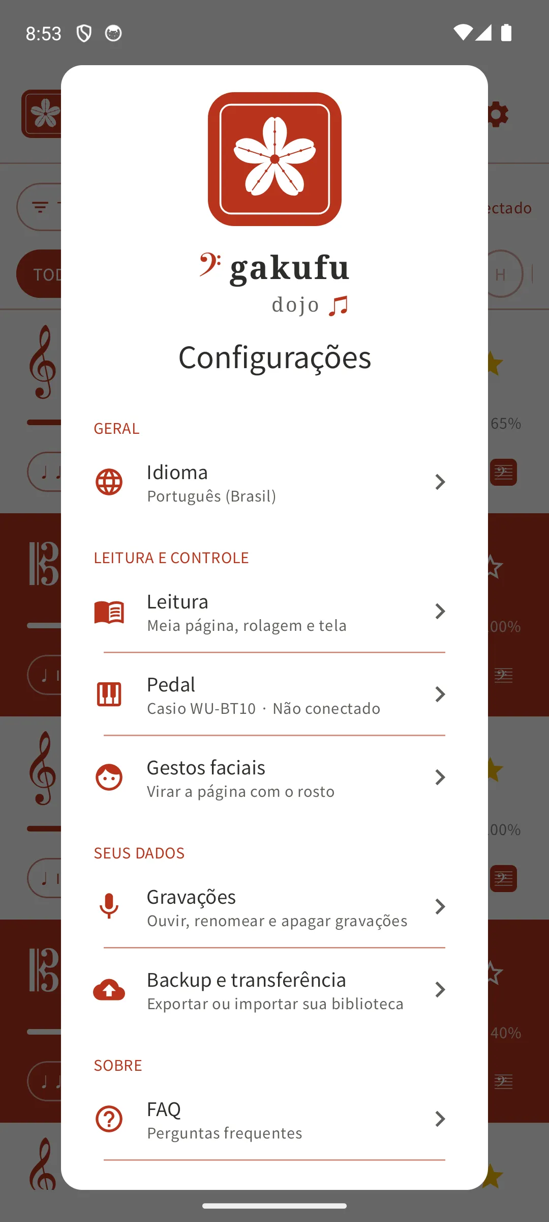 Tela de configurações
